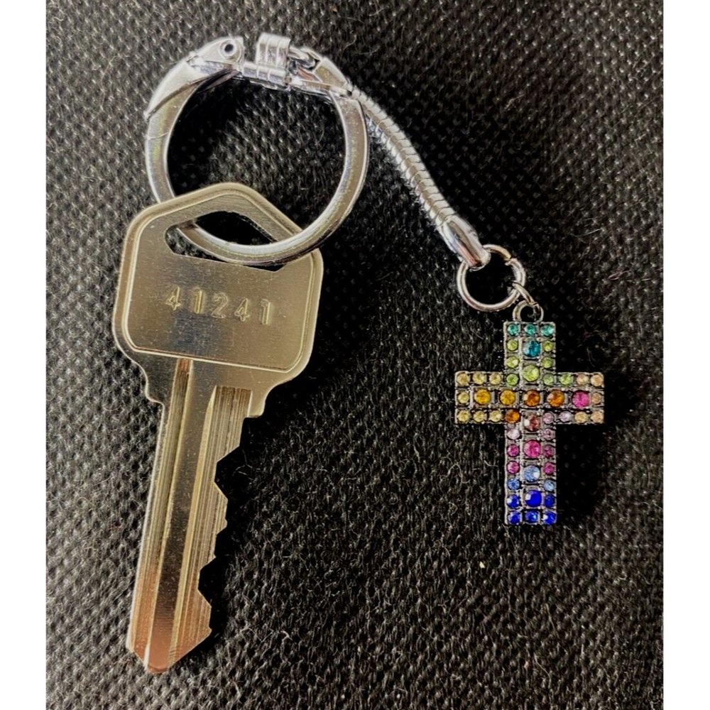 Handcrafted Multicolor Rhinestone Cross Chrome Steel Key Chain Charm Accessory - Picture 5 of 6